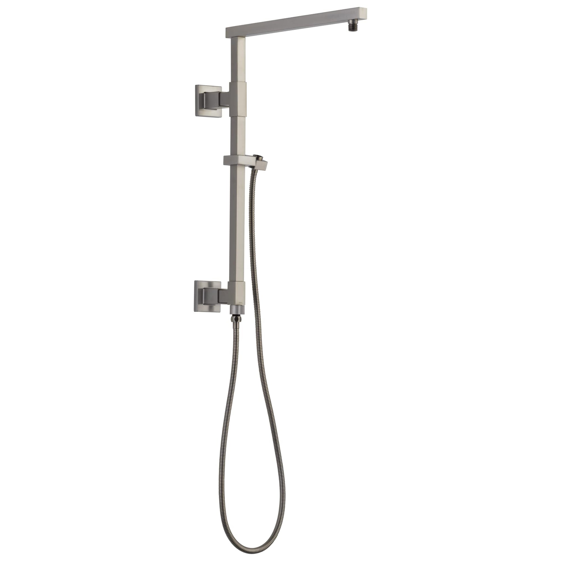 Brushed nickel shower column with angled overhead arm, handheld showerhead, and wall-mounted controls.