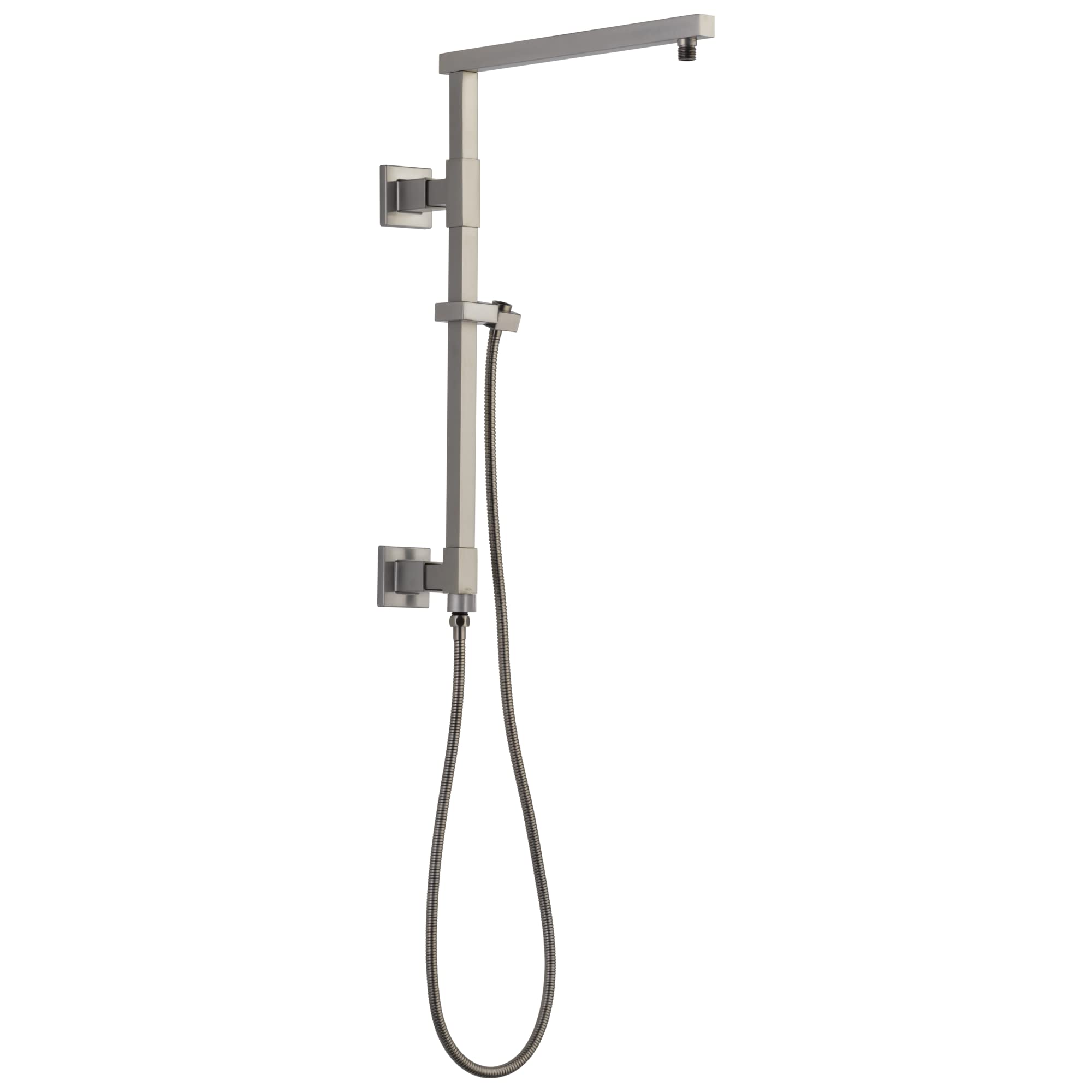 Brushed nickel shower column with angled overhead arm, handheld showerhead, and wall-mounted controls.