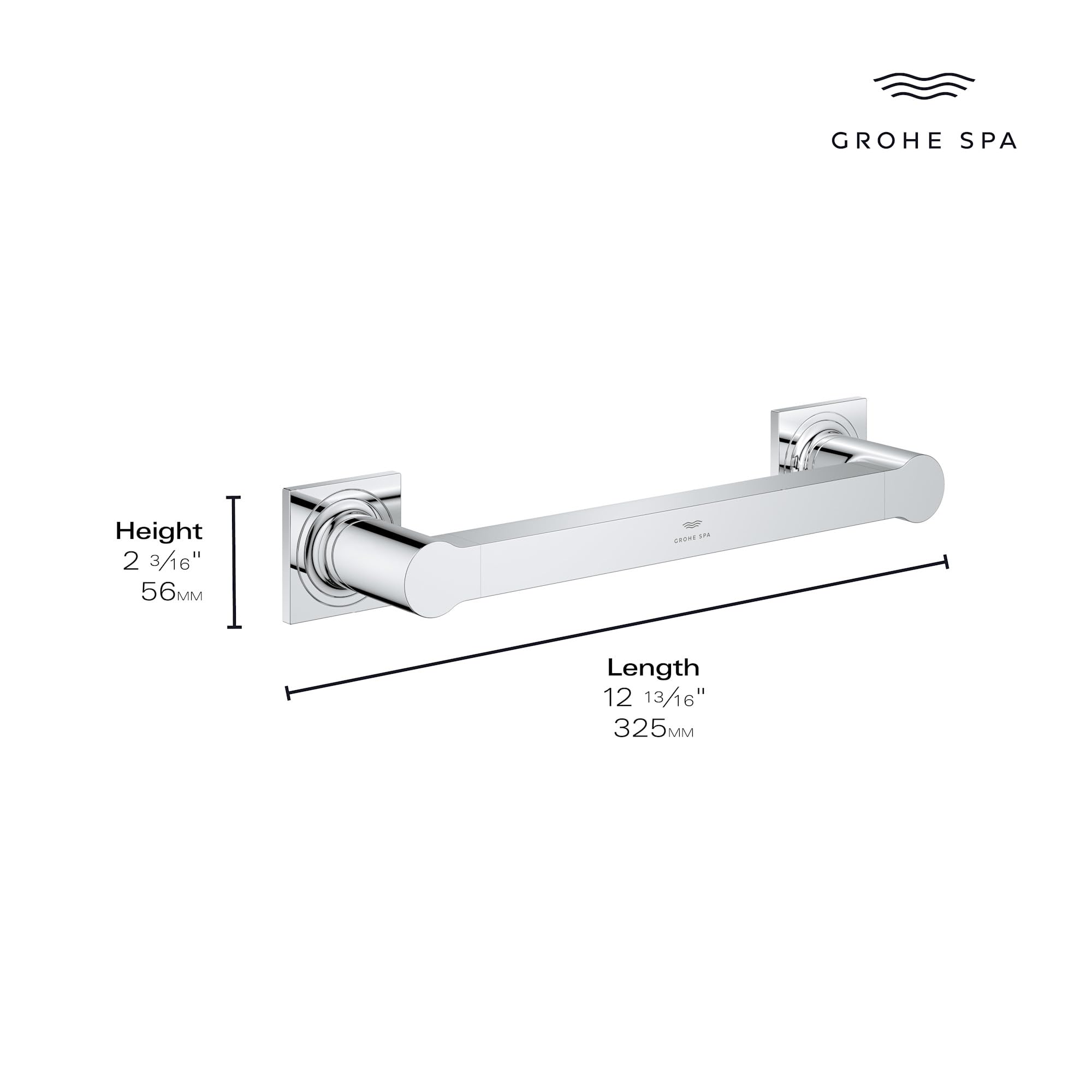 Brushed nickel grab bar with square wall mounts, 12 inches long and 2 3/8 inches high.