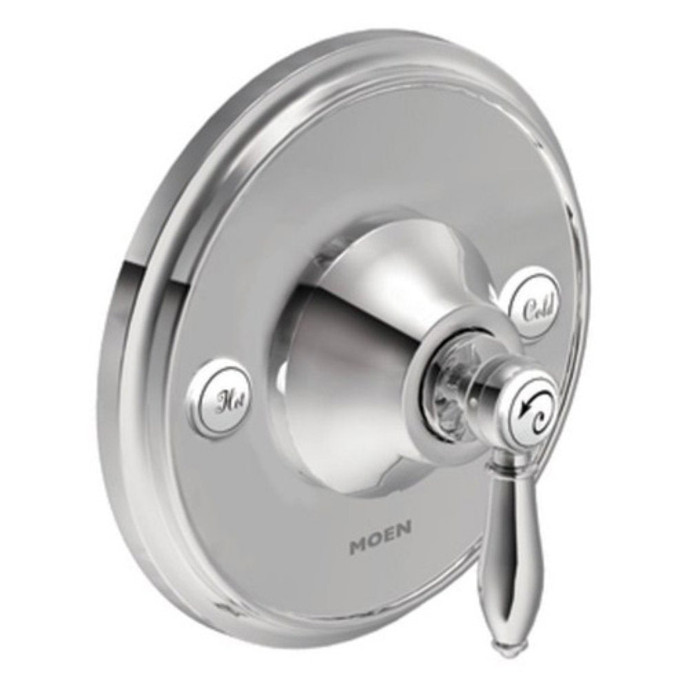 Brushed nickel shower valve trim with circular backplate, central dial, and lever handle with temperature control markings.