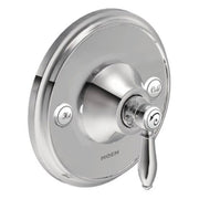 Brushed nickel shower valve trim with circular backplate, central dial, and lever handle with temperature control markings.