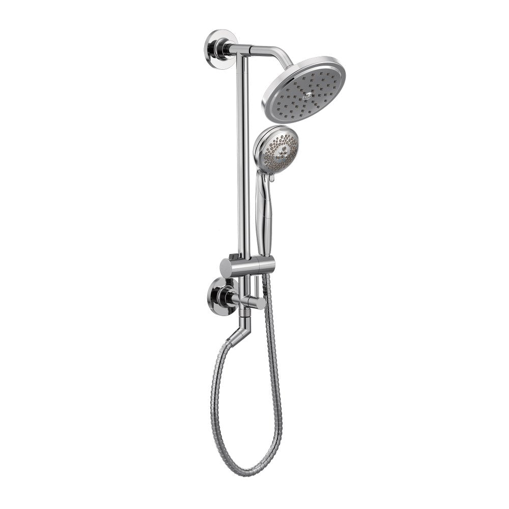 Chrome shower system with fixed overhead showerhead, handheld showerhead, adjustable slidebar, and flexible hose.
