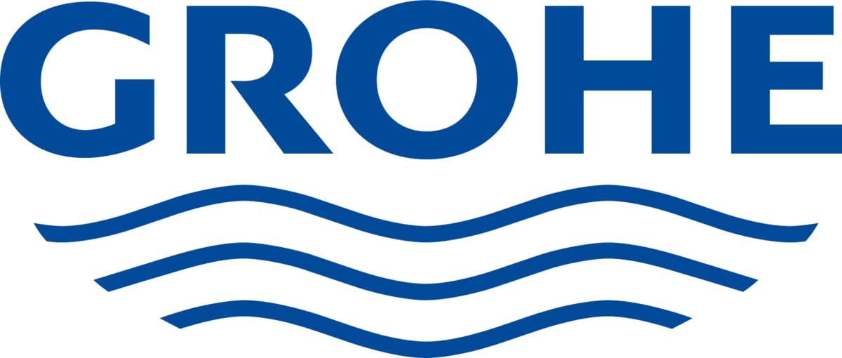 Grohe logo in blue with three horizontal wavy lines underneath.