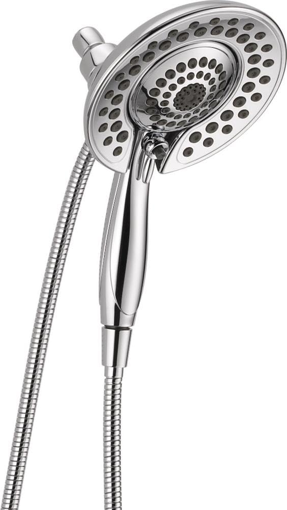 Chrome two-in-one showerhead with dual spray faces and flexible hose with handheld sprayer attachment.