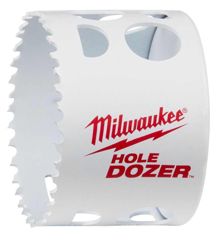 White bi-metal hole saw with serrated cutting edge and Milwaukee branding on cylindrical body.