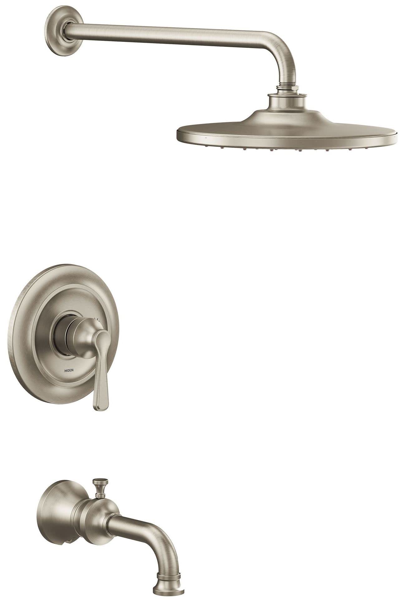 Brushed nickel tub and shower trim kit with single lever handle, round showerhead, and curved spout.