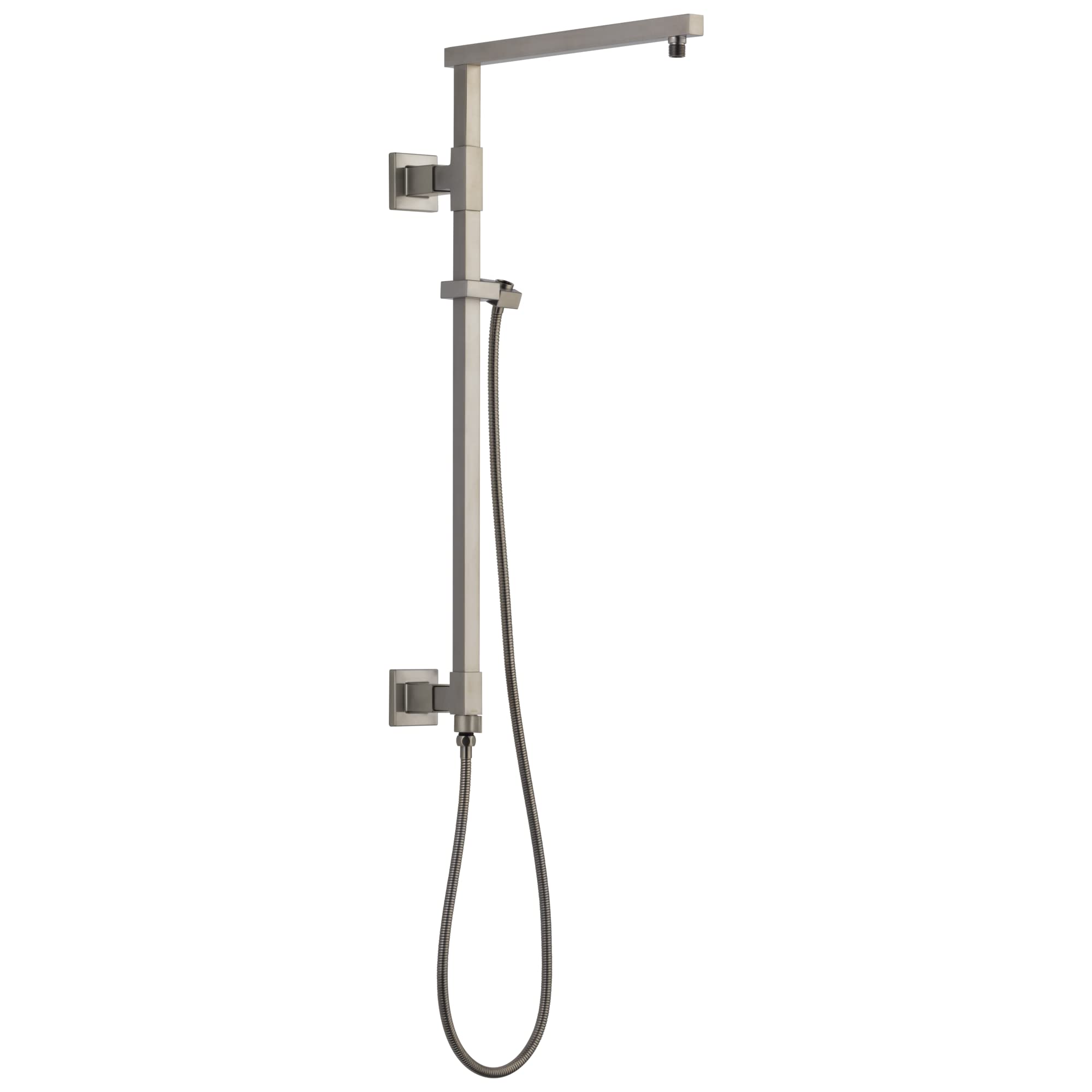 Brushed nickel angular shower column with overhead rainfall showerhead, wall-mounted controls, and handheld spray wand.