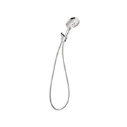 Chrome handheld showerhead with perforated face and flexible hose with control lever.