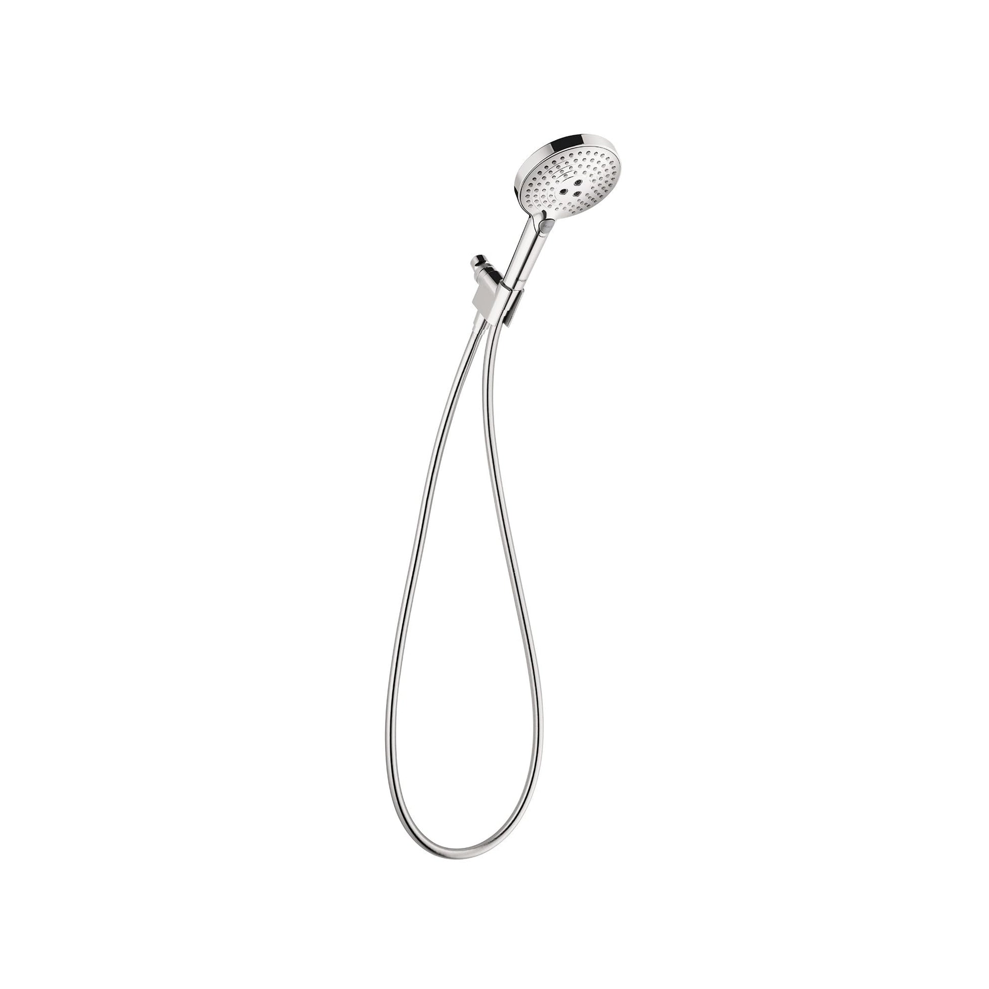 Chrome handheld showerhead with perforated face and flexible hose with control lever.