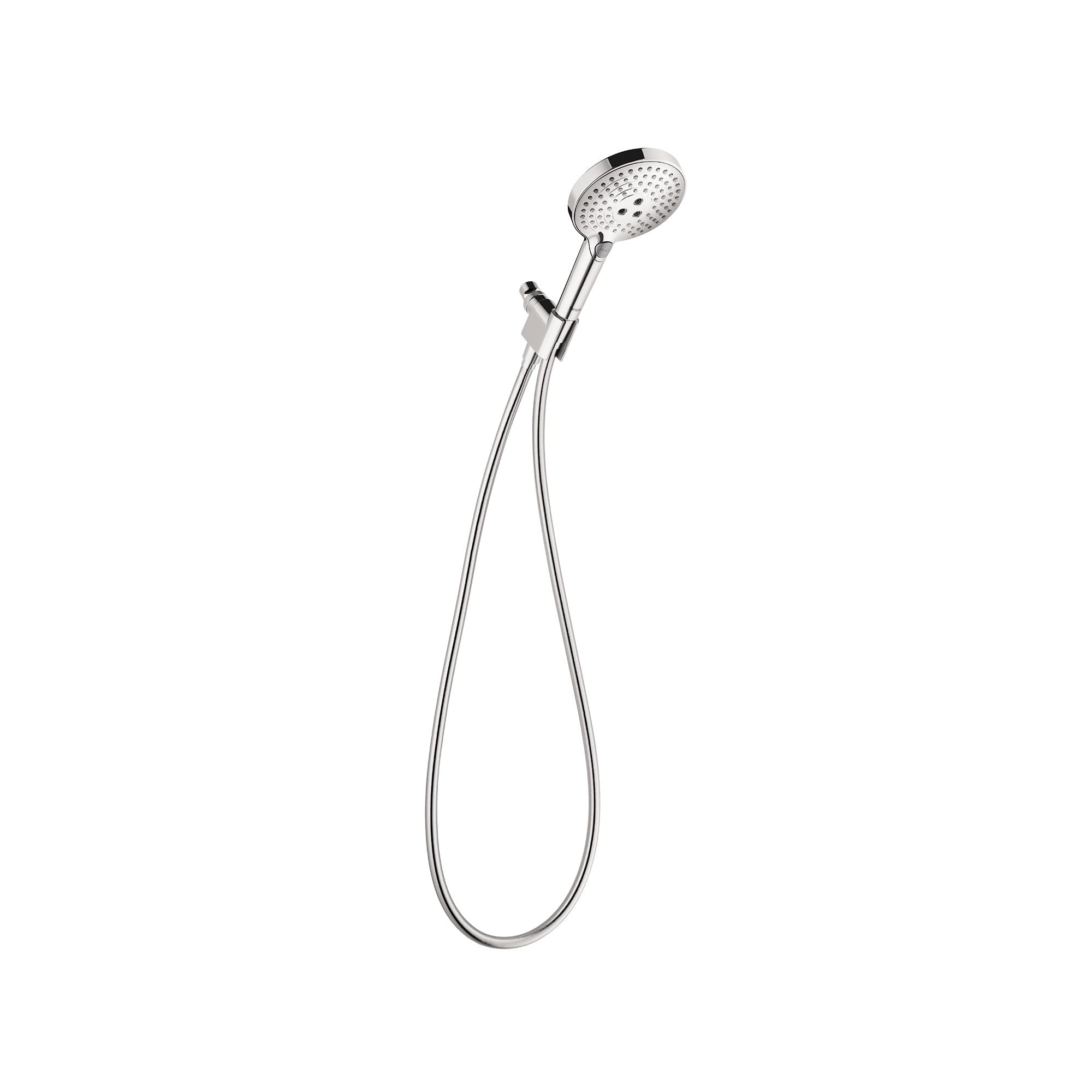 Chrome handheld showerhead with perforated face and flexible hose with control lever.