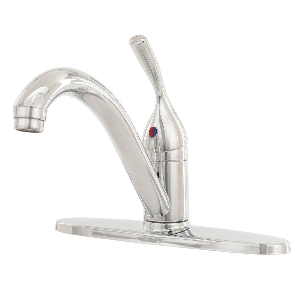 Chrome single handle kitchen faucet with curved spout and rectangular base plate.