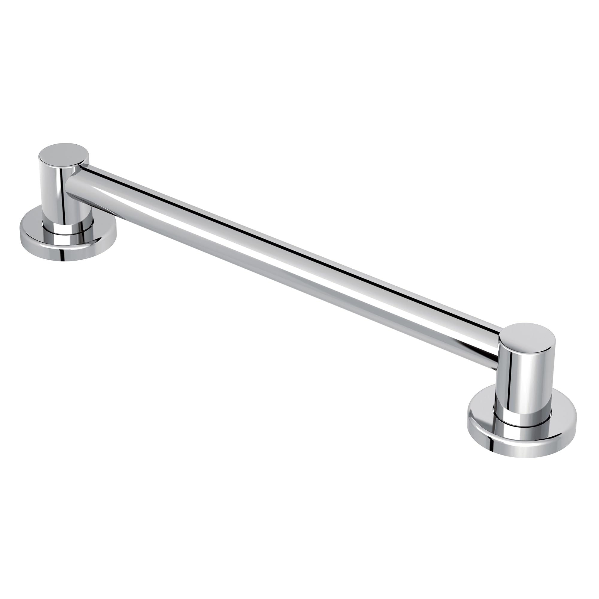 Chrome grab bar with cylindrical end caps and round mounting flanges on white background.