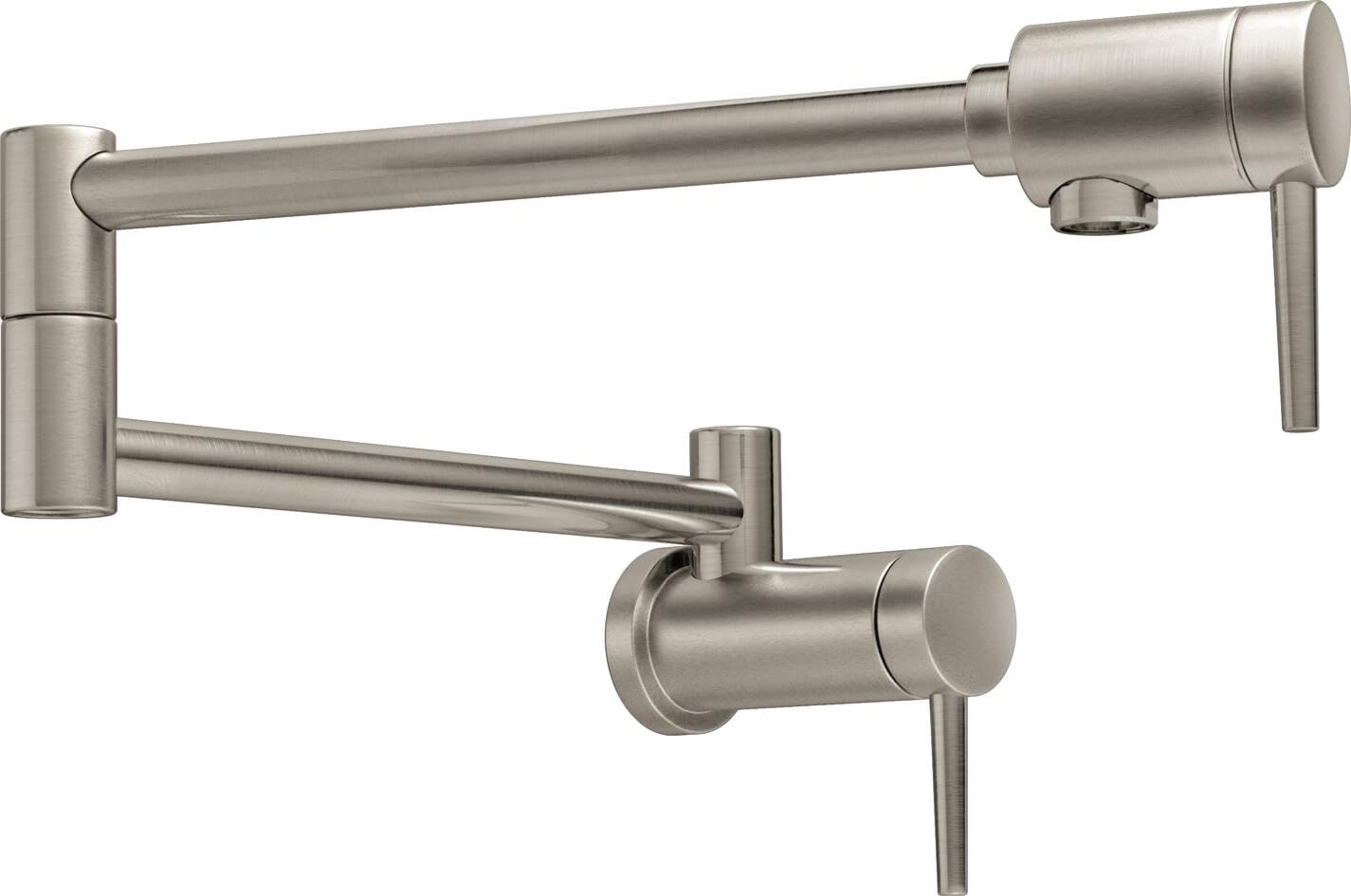 Brushed nickel wall-mounted pot filler faucet with folding arm and lever handle.