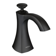 Black deck mounted kitchen soap dispenser with curved spout and push-button pump top.