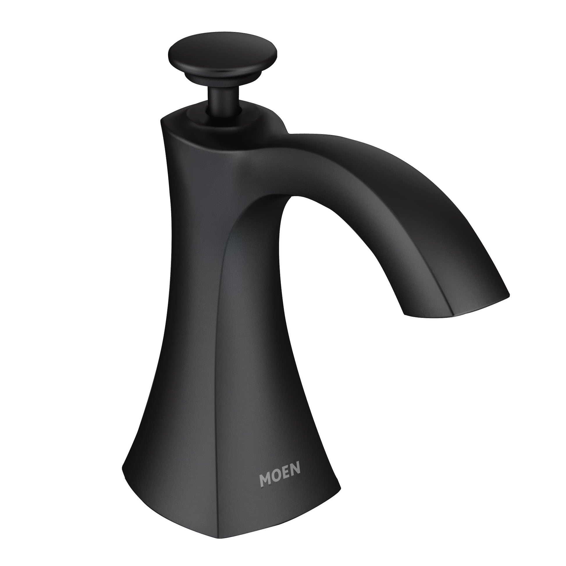 Black deck mounted kitchen soap dispenser with curved spout and push-button pump top.