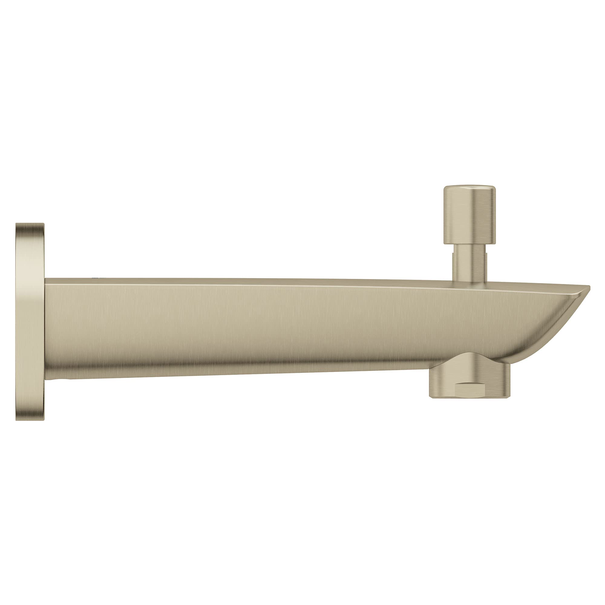 Brushed nickel tub spout with wall-mounted diverter and cylindrical knob on right side.