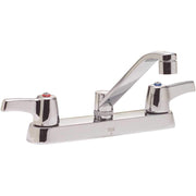 Chrome two-handle deck mount faucet with curved spout and lever handles on white base.