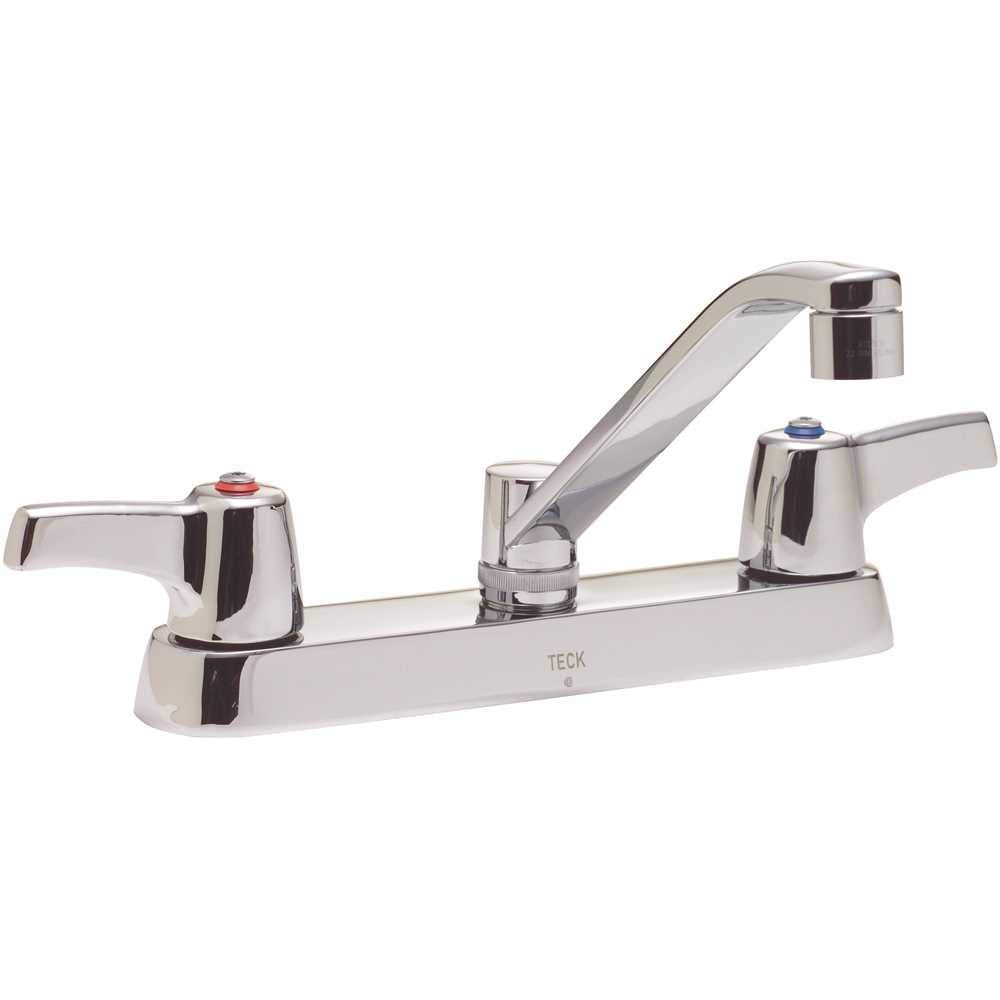 Chrome two-handle deck mount faucet with curved spout and lever handles on white base.
