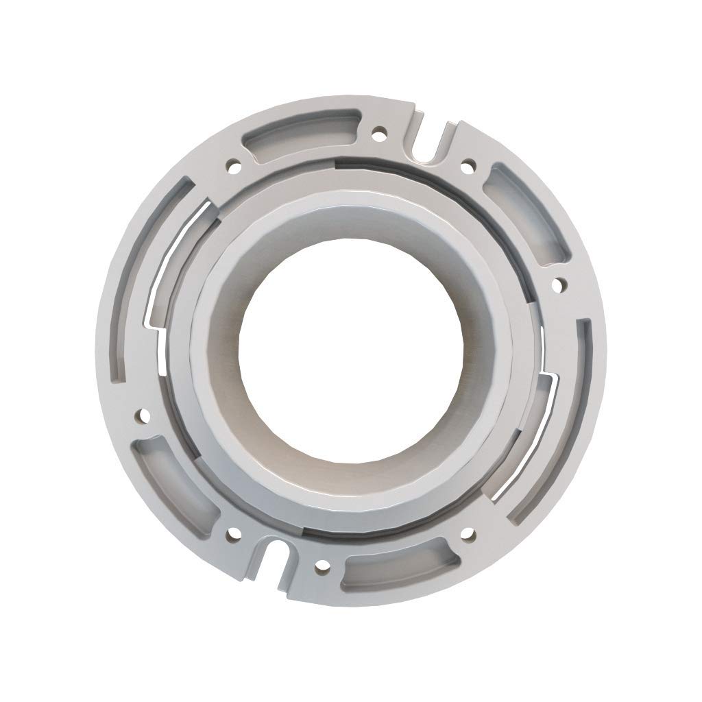 White PVC closet flange with central opening, mounting holes, and integral plastic ring around perimeter.