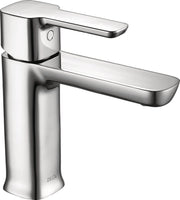 Chrome single-handle bathroom faucet with curved spout and cylindrical body.
