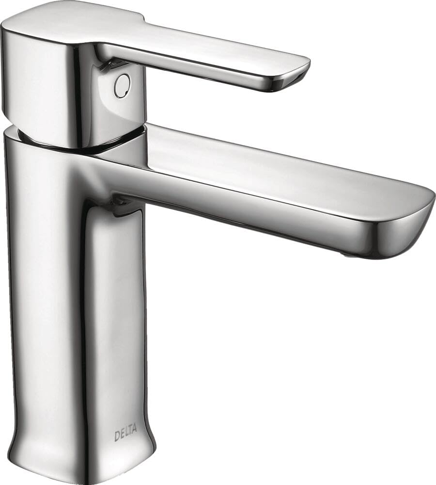 Chrome single-handle bathroom faucet with curved spout and cylindrical body.