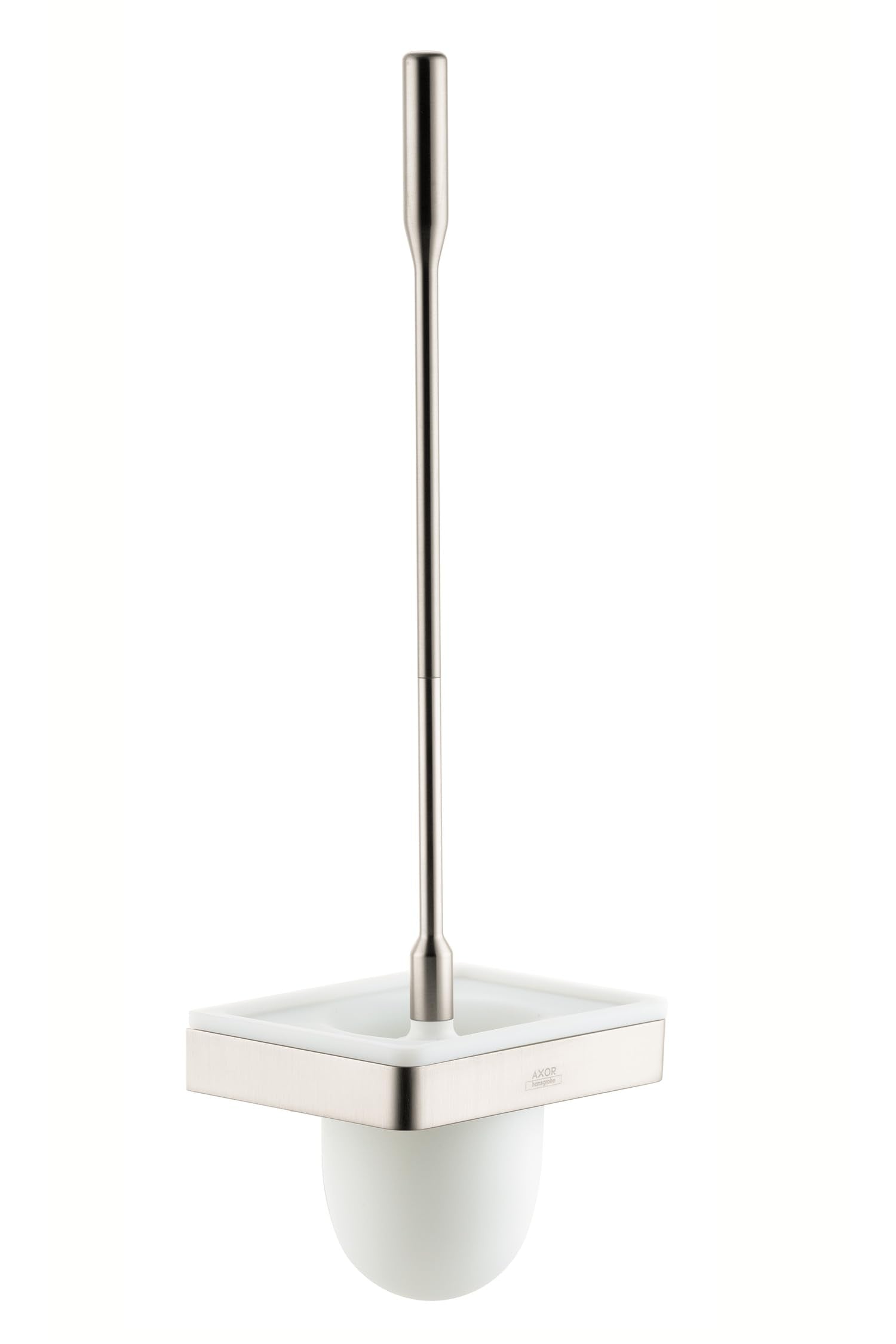 Brushed nickel toilet brush with white ceramic bowl and square wall-mounted holder.