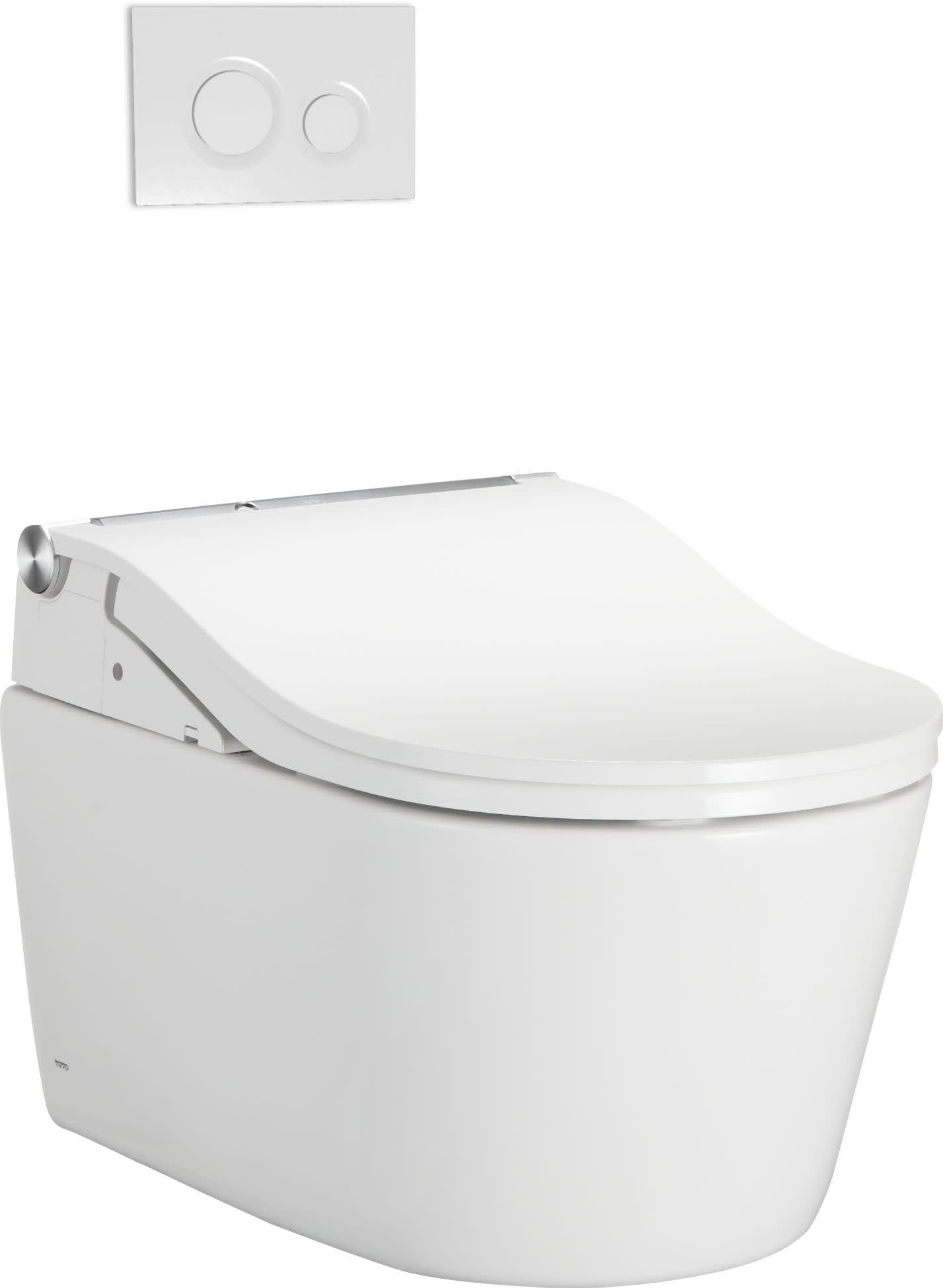 Cotton white electronic bidet toilet seat with curved bowl, integrated control panel on side, and dual-button wall-mounted fl