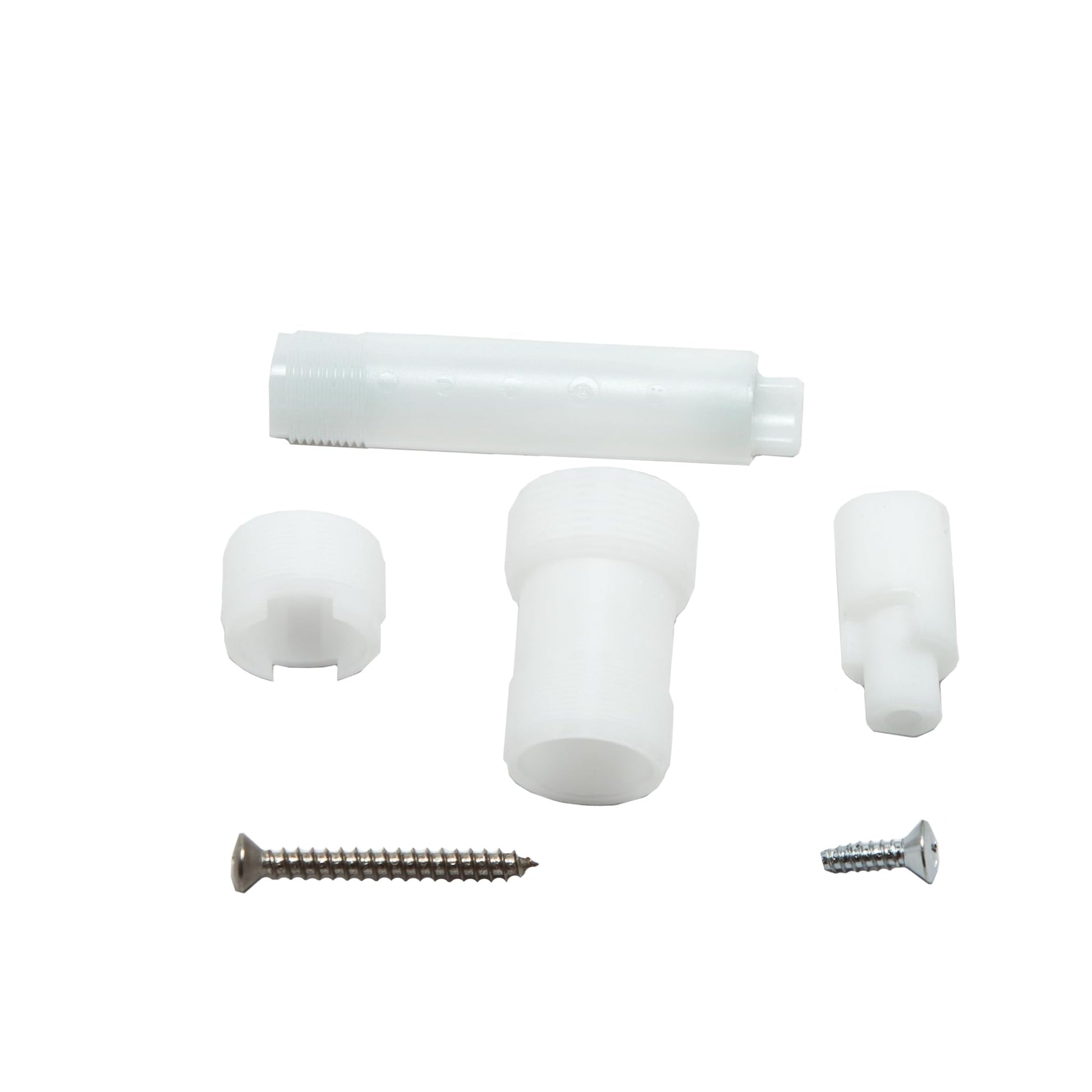 White plastic stem extension kit with three connector pieces, threaded sleeve, and two metal screws.