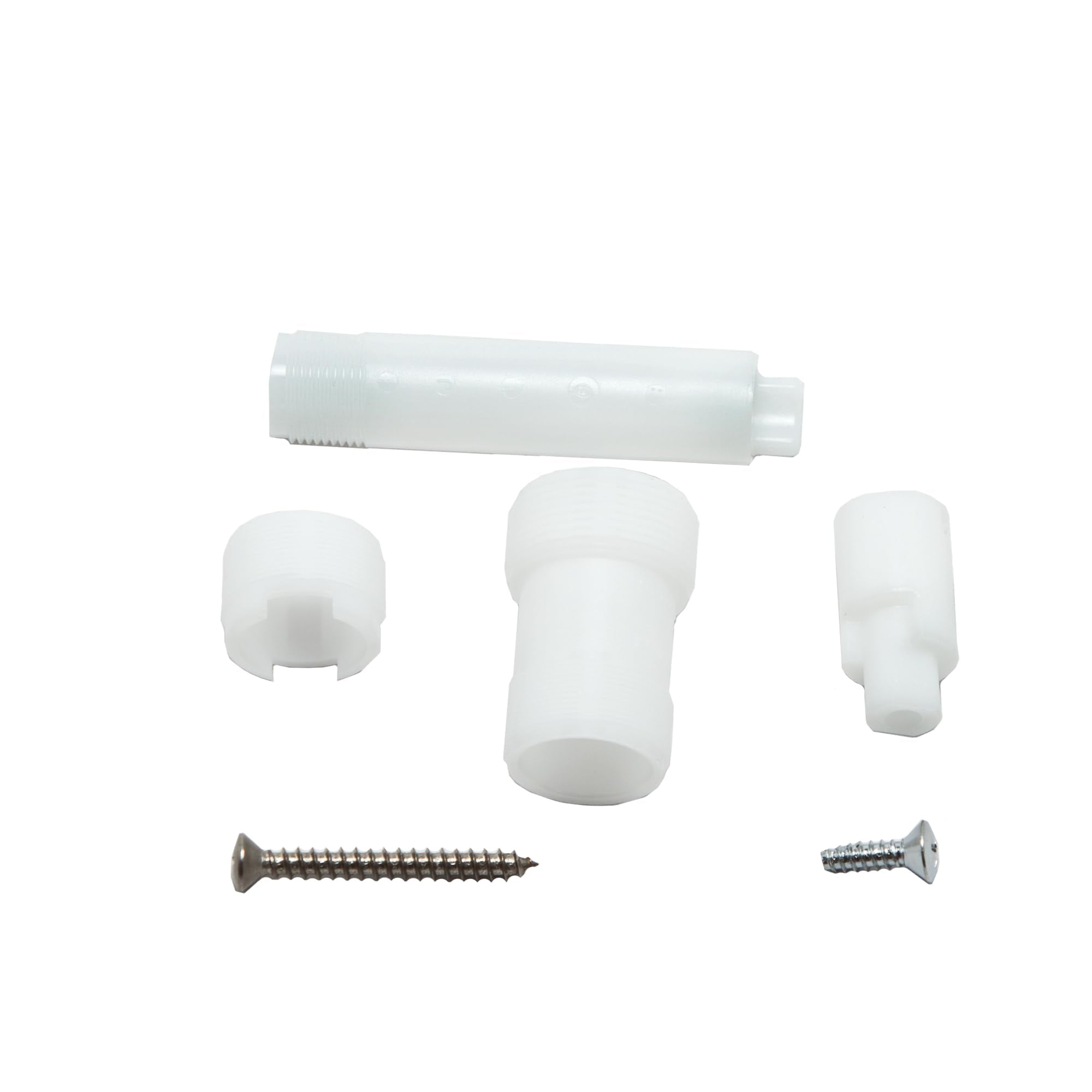 White plastic stem extension kit with three connector pieces, threaded sleeve, and two metal screws.