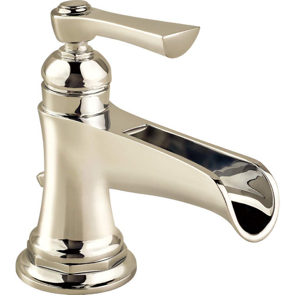 Polished nickel single-handle bathroom faucet with cylindrical body and curved channel spout.