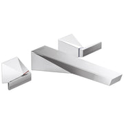 Chrome wall-mount bathroom faucet trim with angular spout and two lever handles in brushed and polished finish.