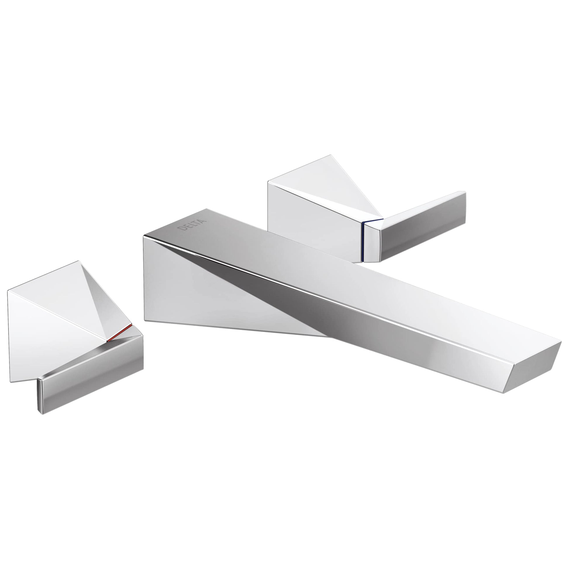 Chrome wall-mount bathroom faucet trim with angular spout and two lever handles in brushed and polished finish.