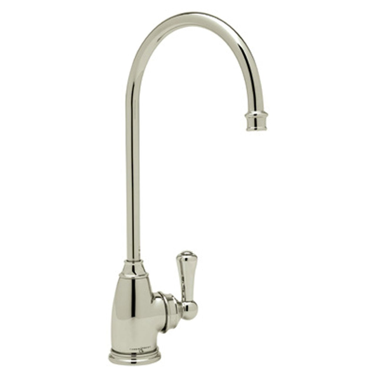 Satin nickel kitchen faucet with tall curved spout and single lever handle.