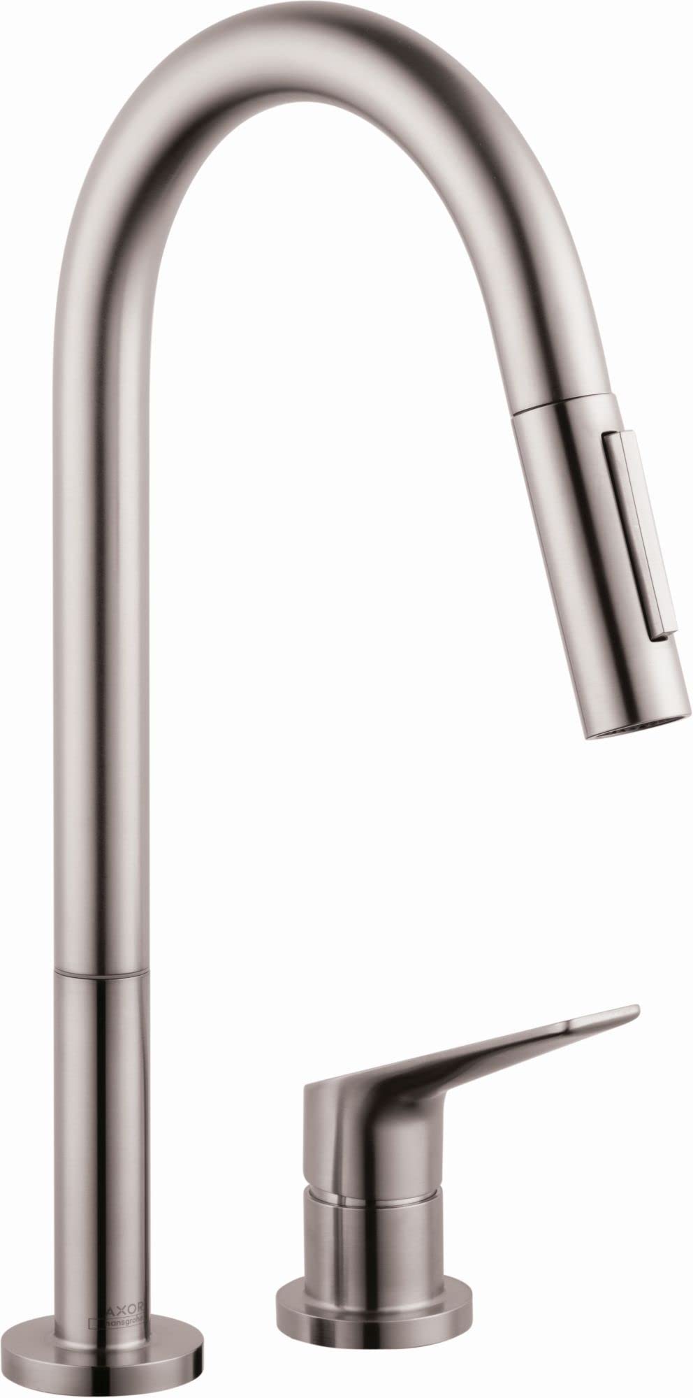 Stainless steel kitchen faucet with tall curved spout, pull-down spray head, and single handle base.