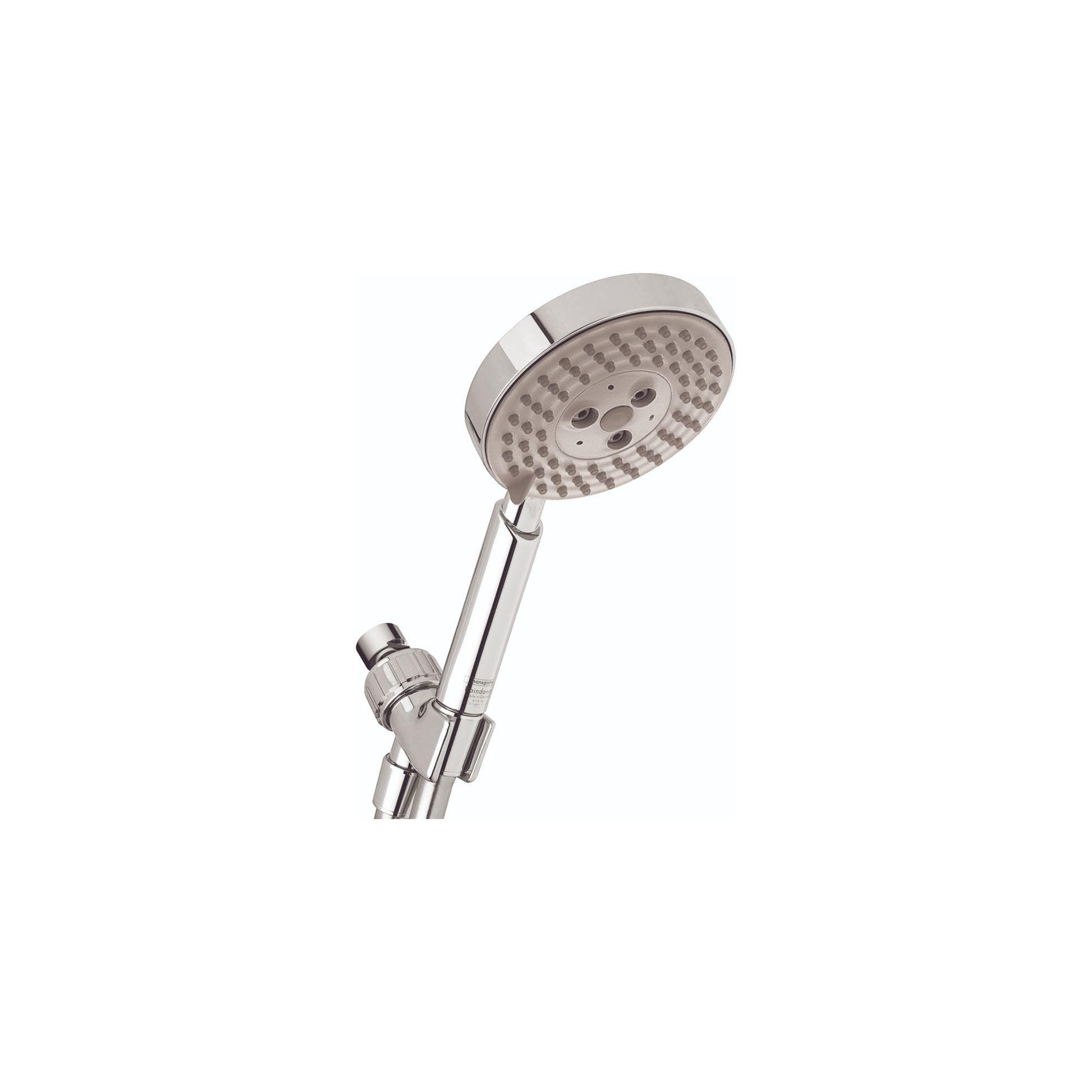 Chrome handheld showerhead with round face and multiple jets mounted on adjustable holder and hose.