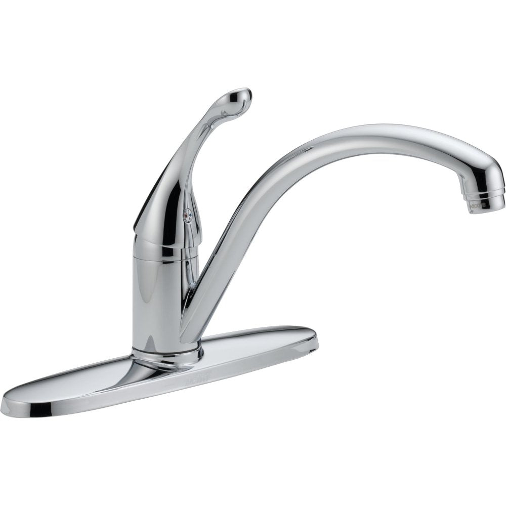 Chrome single-handle kitchen faucet with curved spout and lever control on wide base.