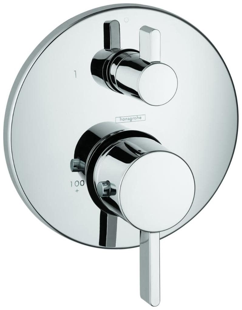 Chrome thermostatic shower valve trim with round escutcheon, upper lever handle, and lower circular dial with volume control.