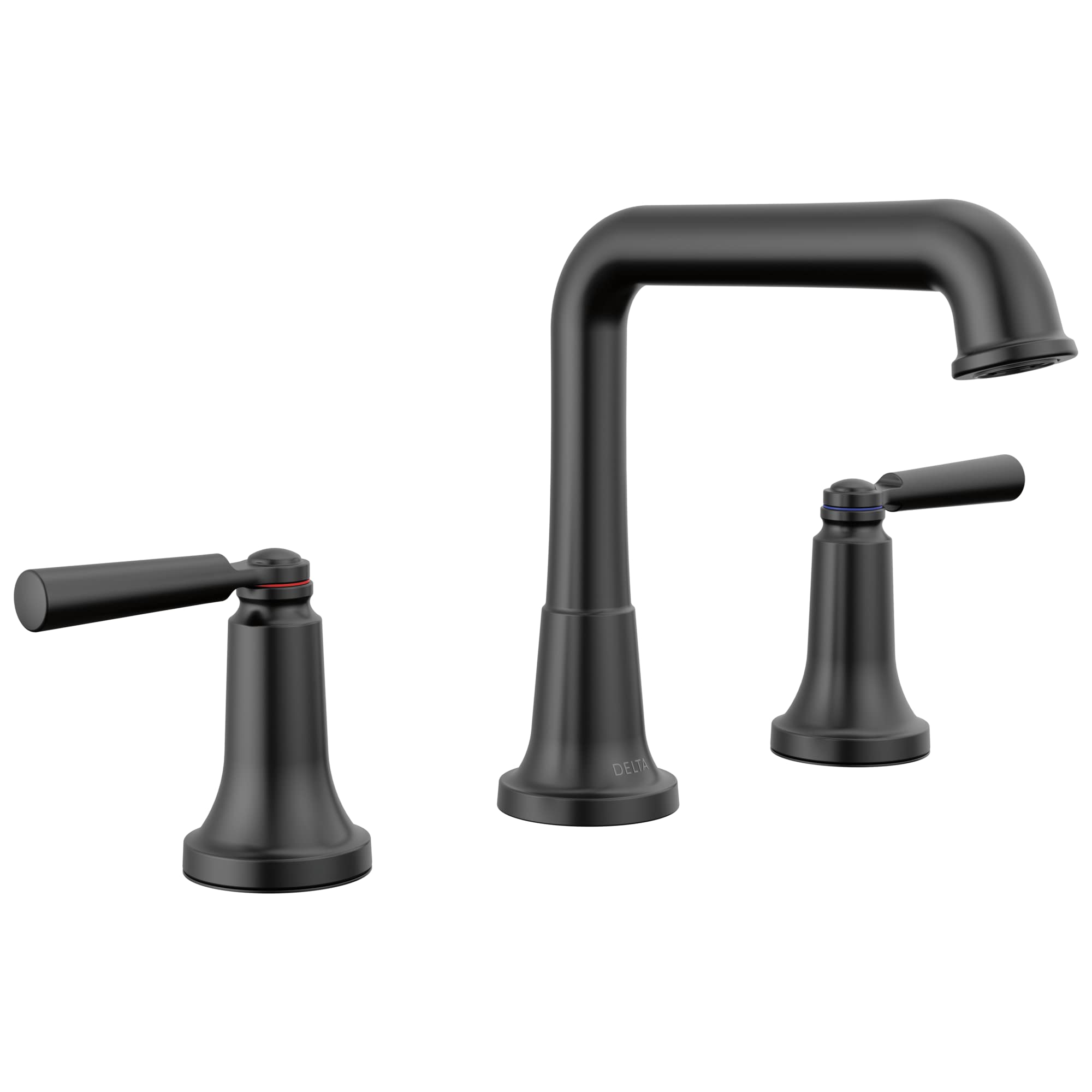 Black matte two-handle widespread bathroom faucet with tall curved spout and metal handles.