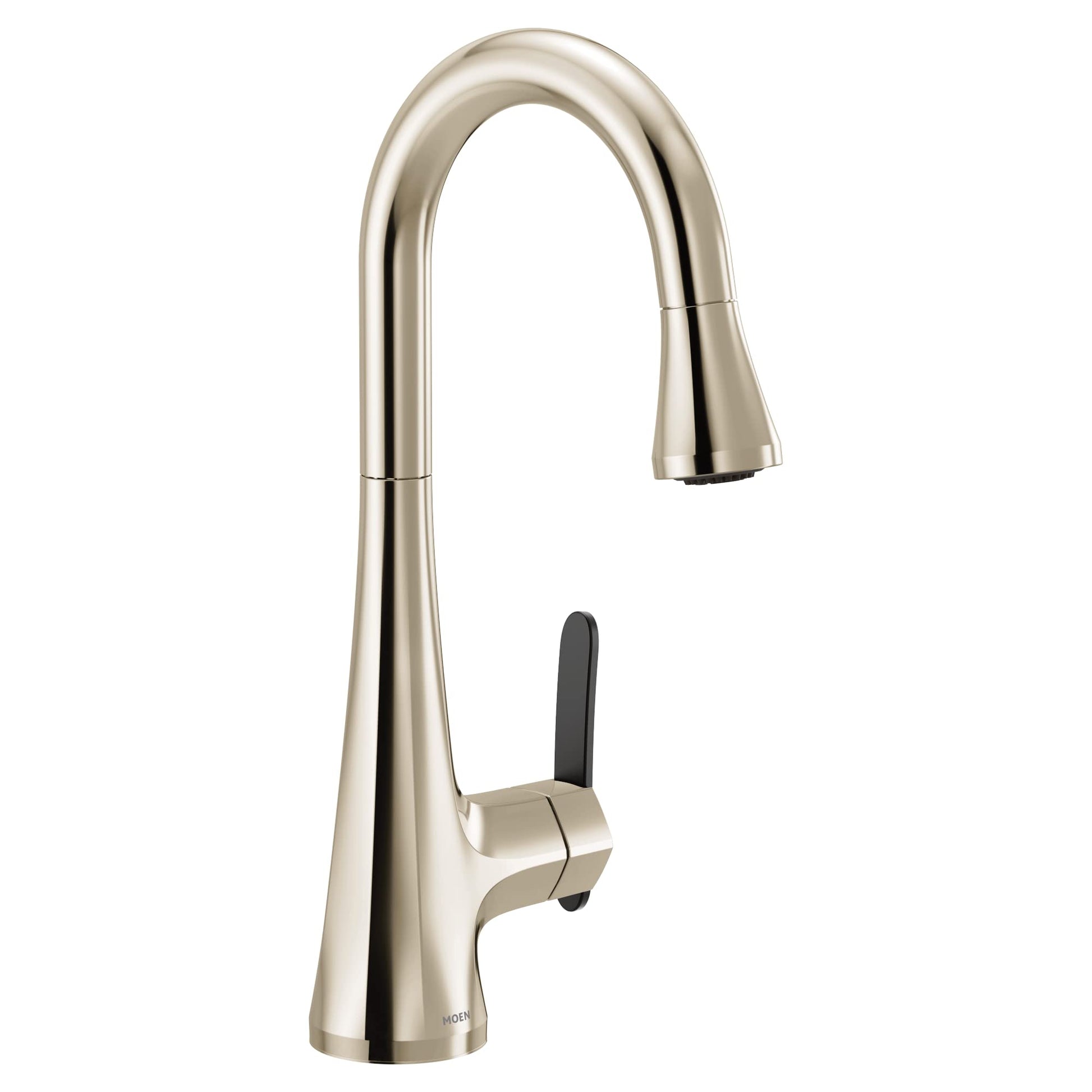 Polished nickel single-handle high arc pulldown bar faucet with black grip lever and curved spout.