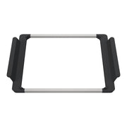 Stainless steel sink accessories holder with black corner grips and horizontal metal bar frame.