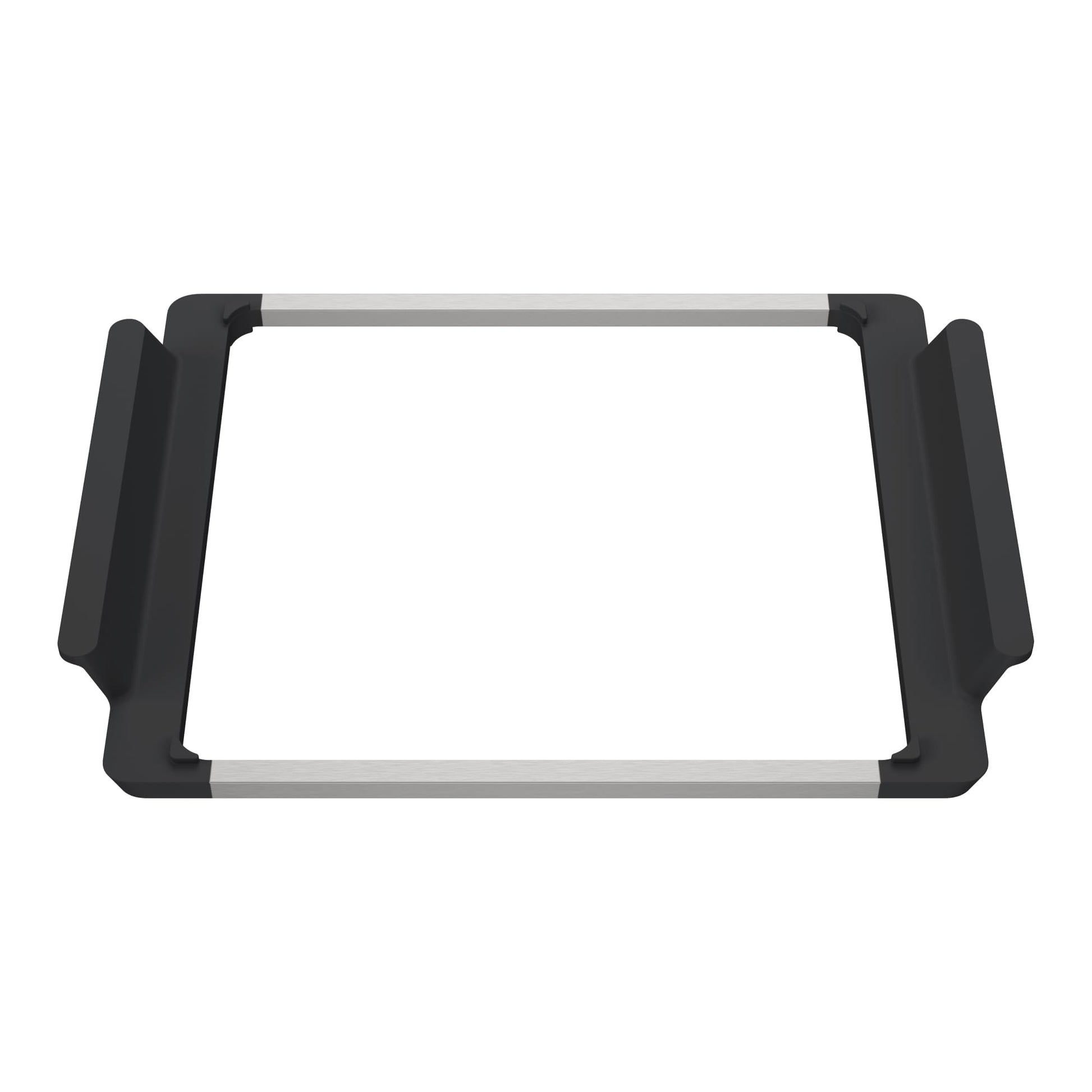 Stainless steel sink accessories holder with black corner grips and horizontal metal bar frame.