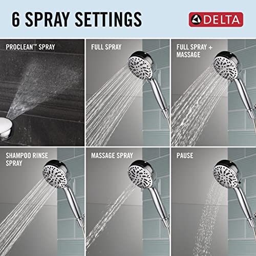 Chrome hand shower with six spray settings: ProClean, full spray, full spray with massage, shampoo rinse, massage spray, and 