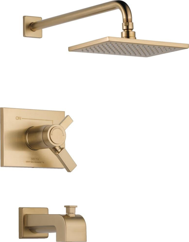 Champagne bronze showerhead with wall-mounted trim kit, including lever handle and tub spout.