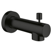 Matte black tub spout with cylindrical body, wall flange, and diverter lever on right side.