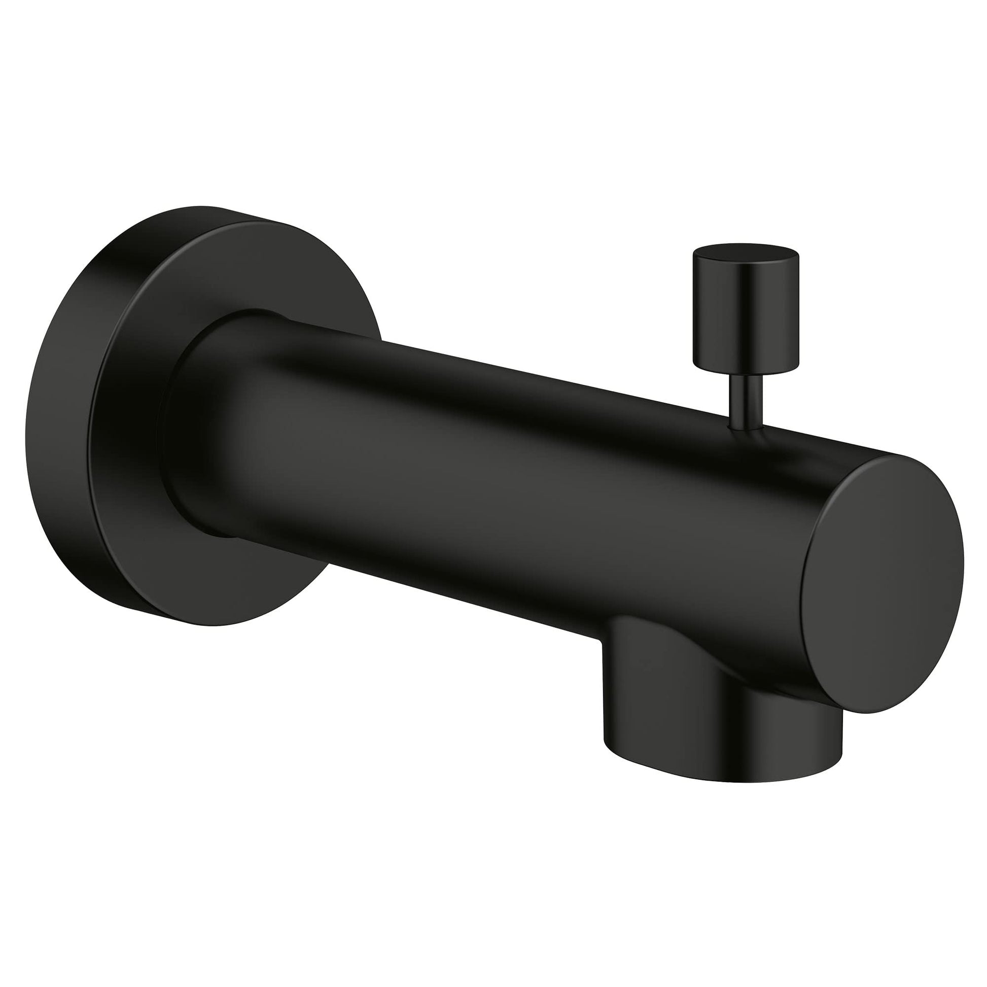 Matte black tub spout with cylindrical body, wall flange, and diverter lever on right side.