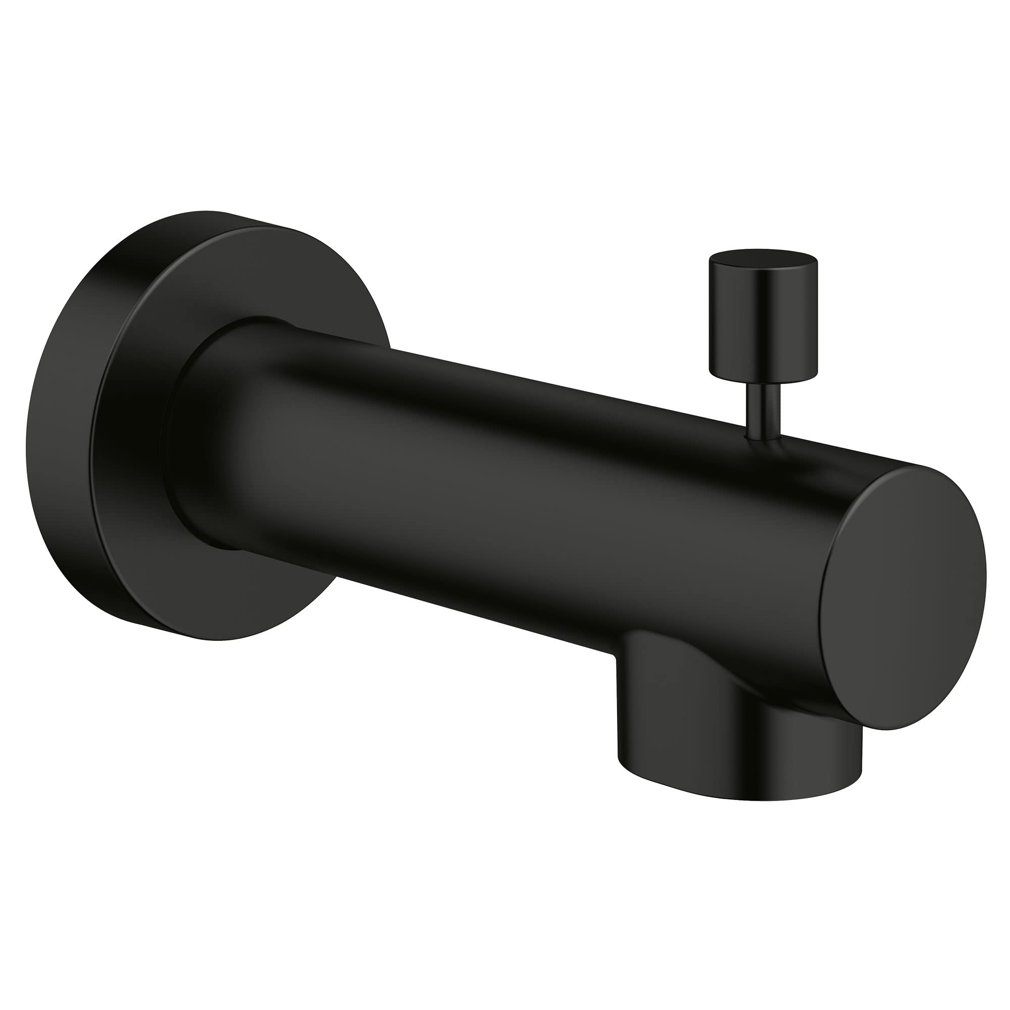Matte black tub spout with cylindrical body, wall flange, and diverter lever on right side.