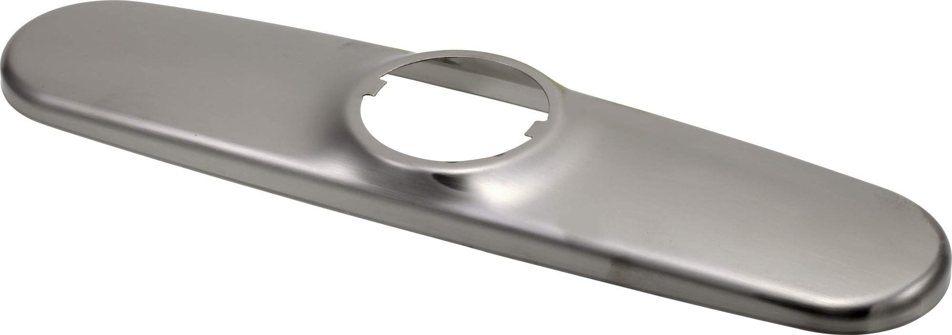 Stainless steel escutcheon plate with single circular opening for kitchen faucet installation.