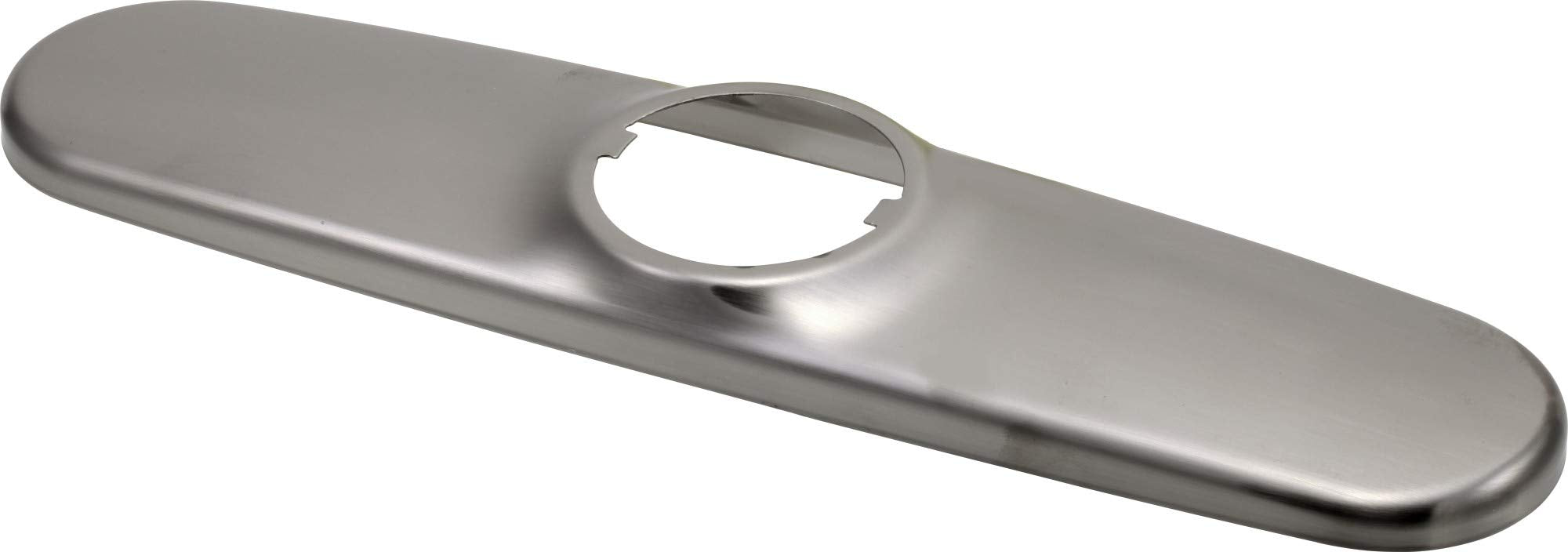 Stainless steel escutcheon plate with single circular opening for kitchen faucet installation.