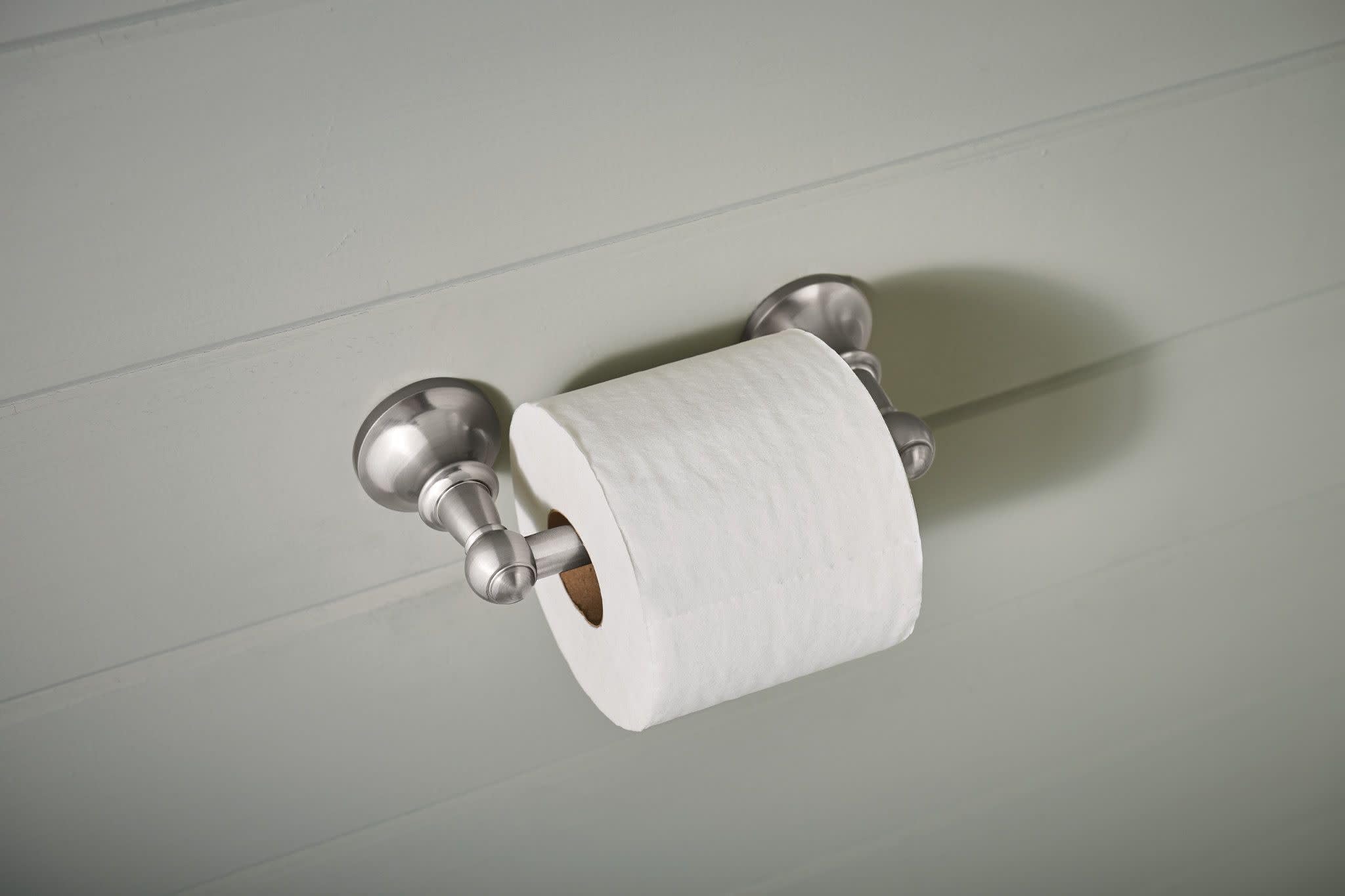 Brushed nickel pivoting toilet paper holder mounted on white wall with white toilet paper roll installed.