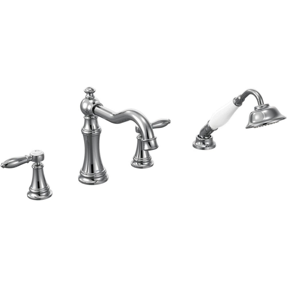 Chrome roman tub faucet trim with two handles, curved spout, and detachable handshower with white grip.